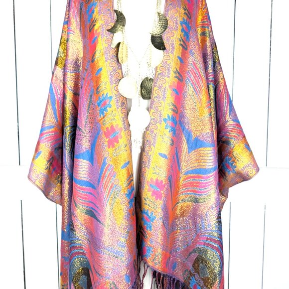 Metallic feather pashmina reversible kimono cover up - Picture 2 of 7